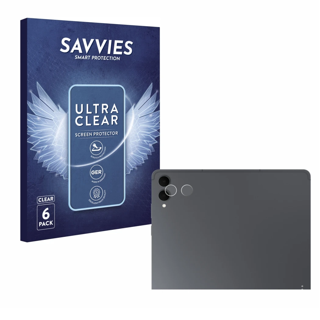 Front side of a product packaging with the brand logo Savvies. Next to it is the device Samsung Galaxy Tab S11 Ultra (ONLY Cam