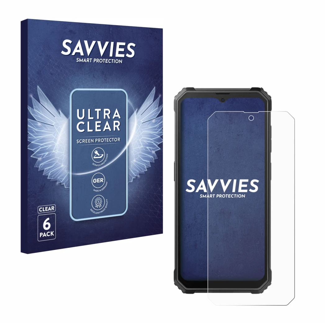 Front side of a product packaging with the brand logo Savvies. Next to it is the device Blackview BV4800 shown with the corres