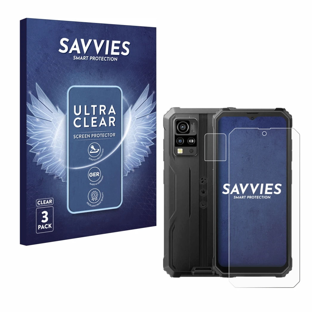 Front side of a product packaging with the brand logo Savvies. Next to it is the device Blackview BV4800 (Front+Camera) shown 