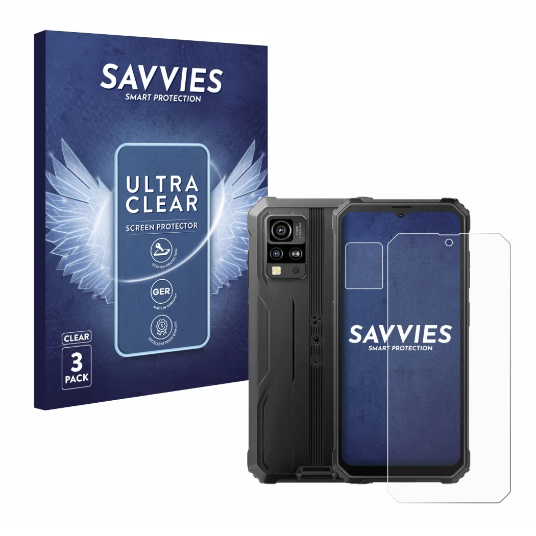 Front side of a product packaging with the brand logo Savvies. Next to it is the device Blackview BV4800 SE (Front+Camera) sho