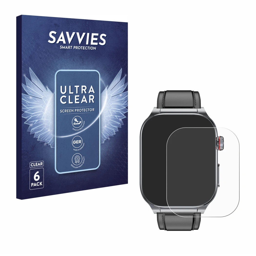 Front side of a product packaging with the brand logo Savvies. Next to it is the device Kardena Care Pro 5 Modern shown with t