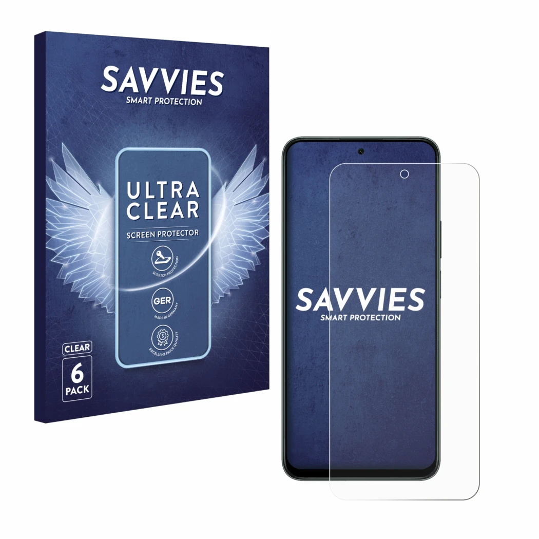 Front side of a product packaging with the brand logo Savvies. Next to it is the device Honor X7d 5G shown with the correspond