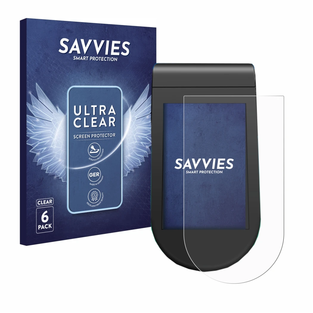 Front side of a product packaging with the brand logo Savvies. Next to it is the device SoFlow SO4 Pro MAX shown with the corr