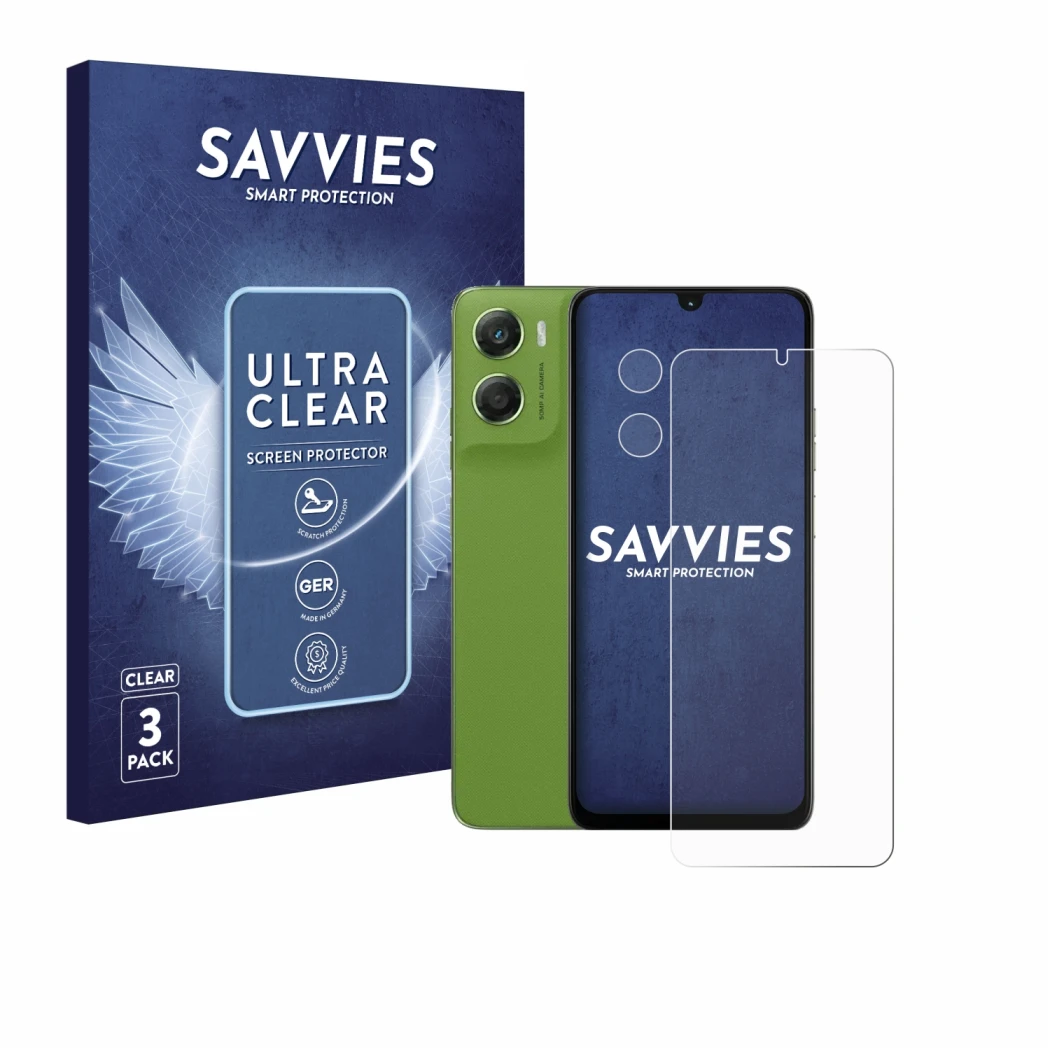 Front side of a product packaging with the brand logo Savvies. Next to it is the device Motorola Moto G06 (Front+Camera) shown