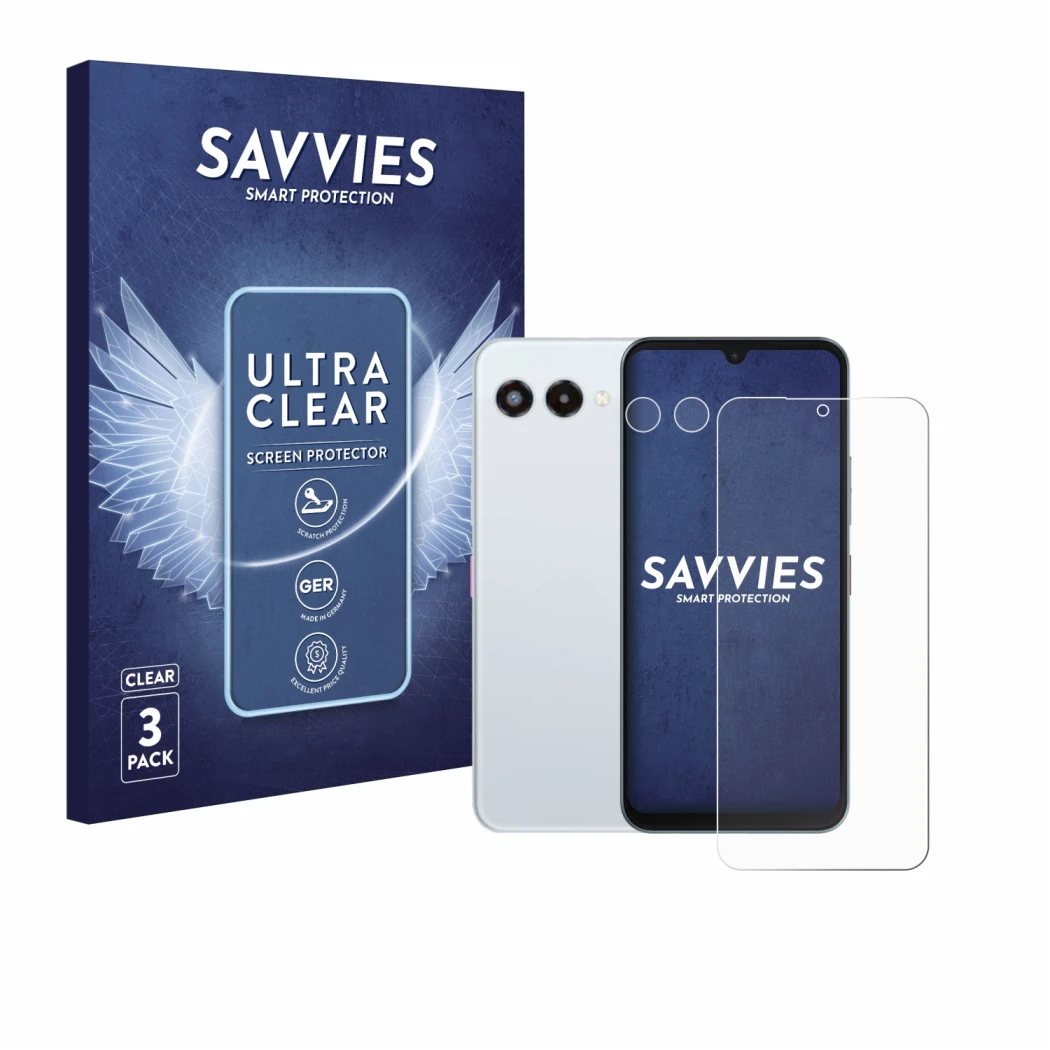 Front side of a product packaging with the brand logo Savvies. Next to it is the device Telekom T Phone 3 (Front+Camera) shown