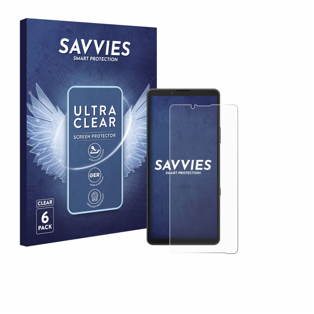 Front side of a product packaging with the brand logo Savvies. Next to it is the device Sony Xperia 10 VII shown with the corr