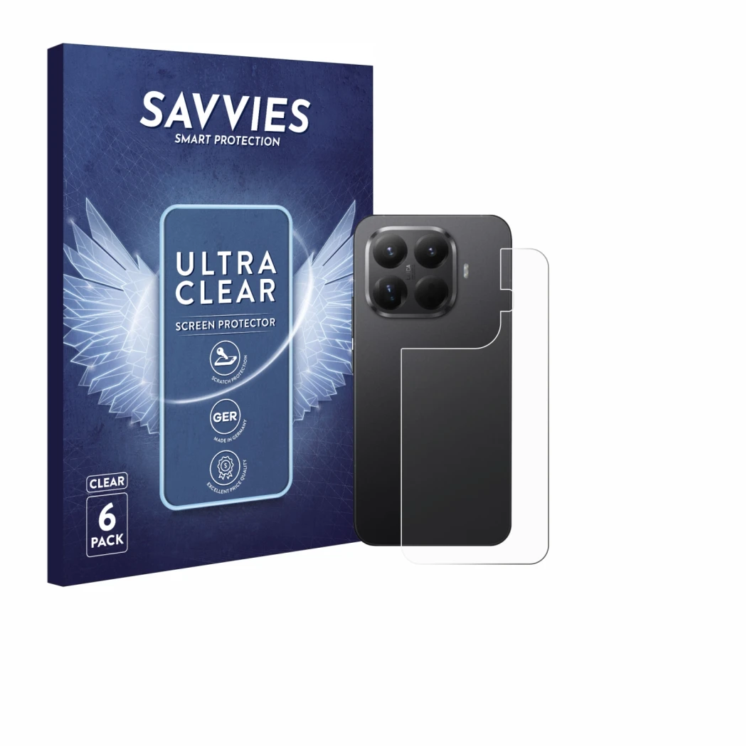 Front side of a product packaging with the brand logo Savvies. Next to it is the device Xiaomi 15T Pro (Back) shown with the c
