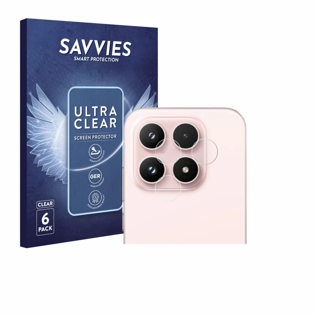 Front side of a product packaging with the brand logo Savvies. Next to it is the device Xiaomi 17 (ONLY Camera Lens) shown wit
