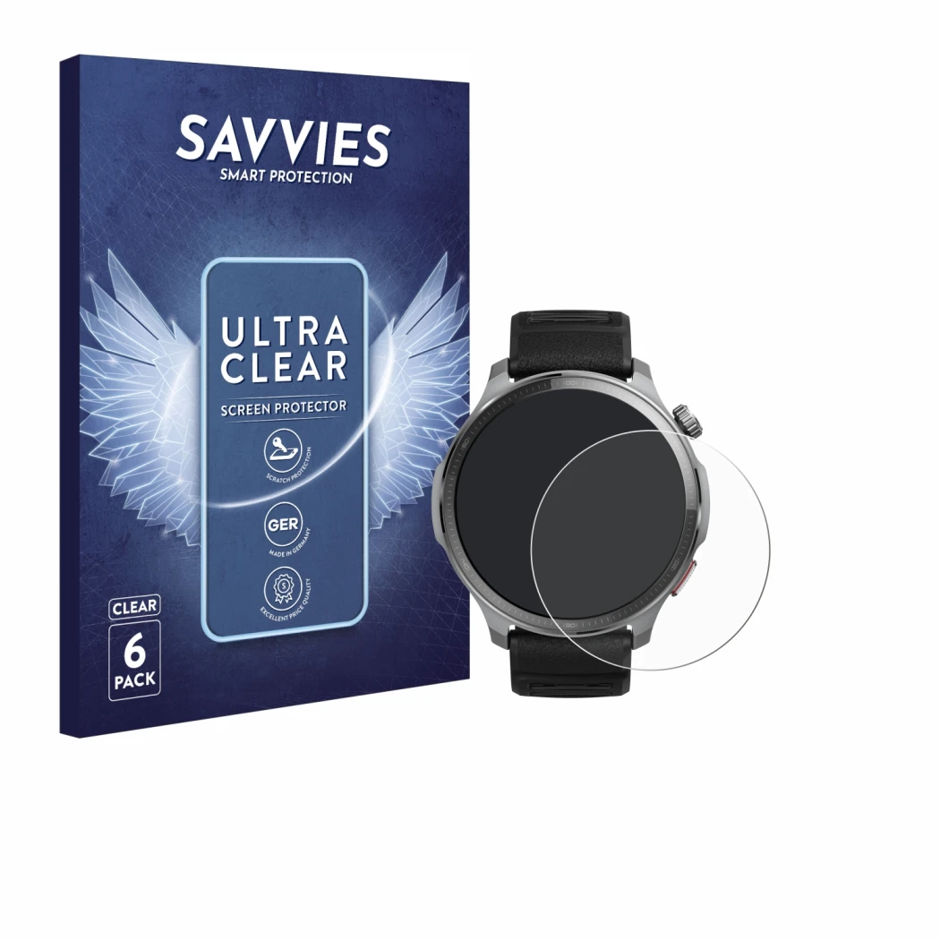Front side of a product packaging with the brand logo Savvies. Next to it is the device Huami Amazfit Balance 2 XT shown with 