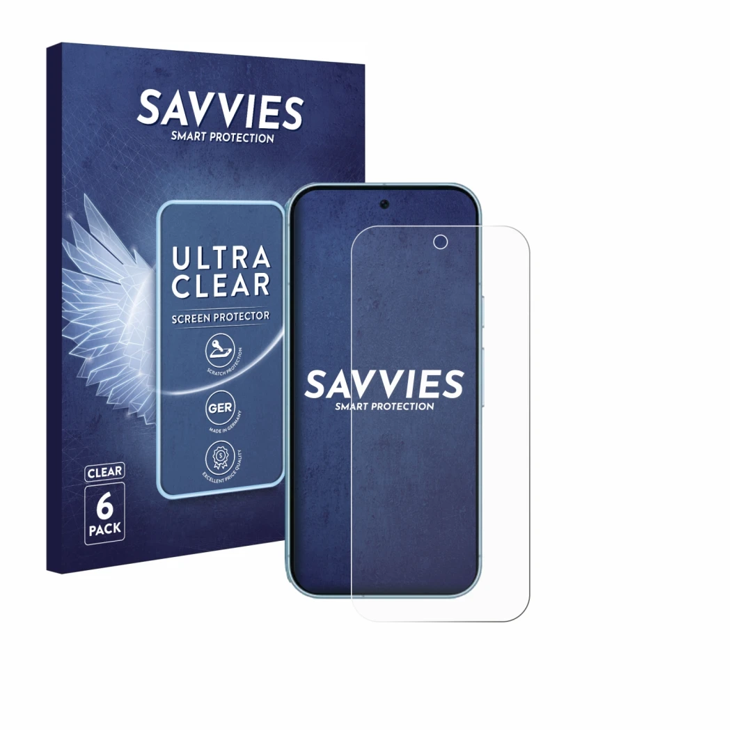 Front side of a product packaging with the brand logo Savvies. Next to it is the device Google Pixel 9 (case-friendly) shown w