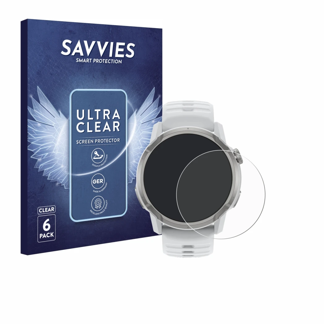Front side of a product packaging with the brand logo Savvies. Next to it is the device Coros Apex 4 (46 mm) shown with the co