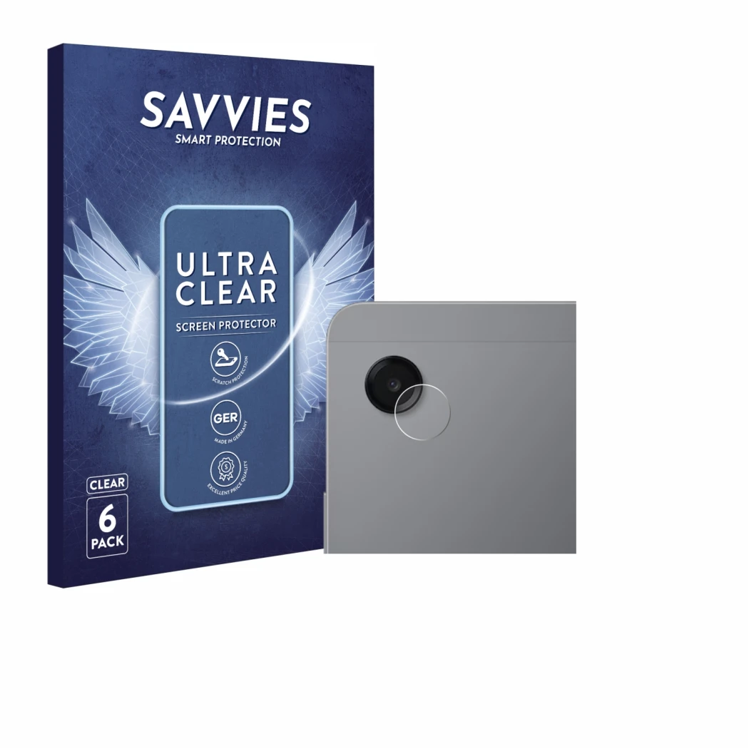 Front side of a product packaging with the brand logo Savvies. Next to it is the device Samsung Galaxy Tab A11 8.7