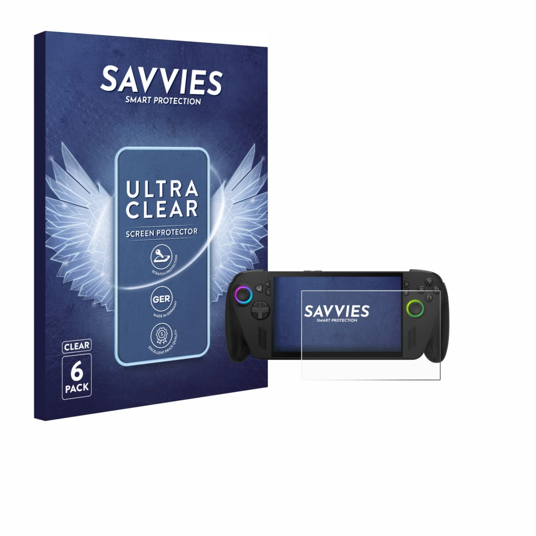 Front side of a product packaging with the brand logo Savvies. Next to it is the device ASUS ROG Ally X 2025 shown with the co