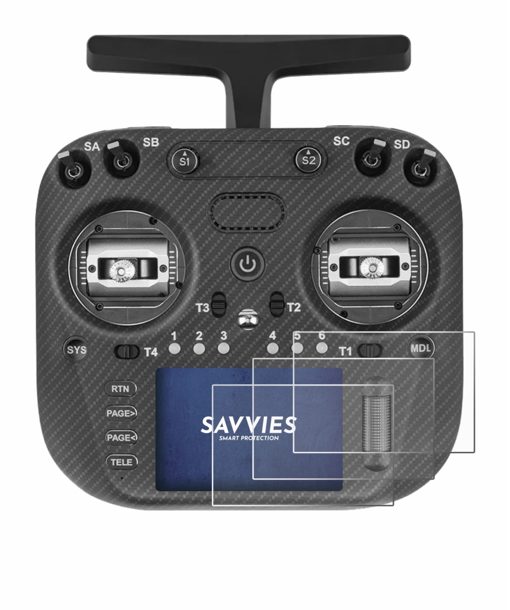 Image of the device Radiomaster TX15 Max with a wide variety of screen protectors.