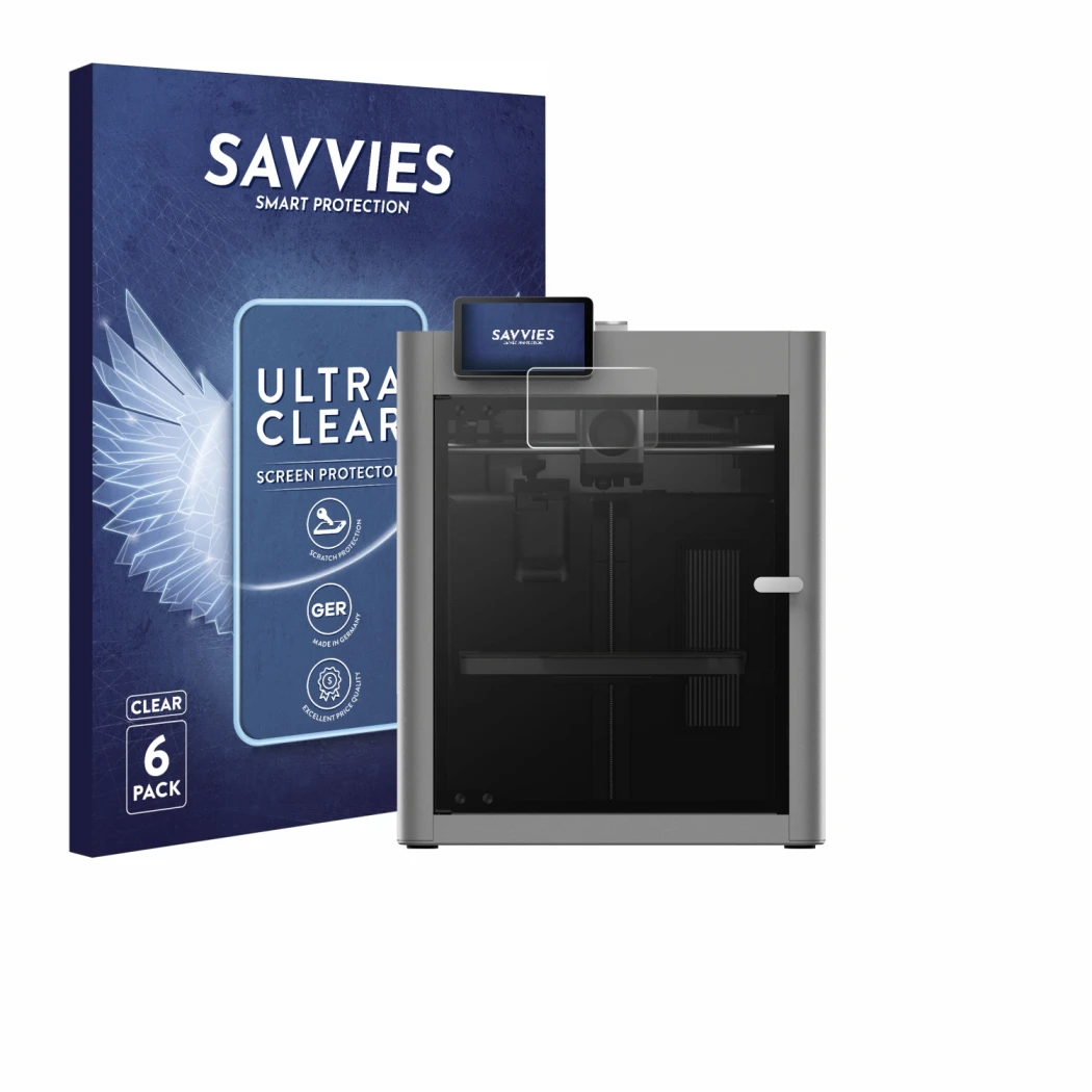 Front side of a product packaging with the brand logo Savvies. Next to it is the device Bambu Lab P2S 3D Printer shown with th