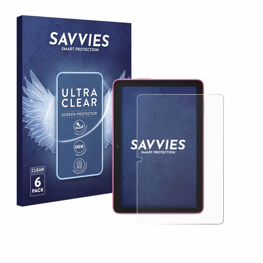 Front side of a product packaging with the brand logo Savvies. Next to it is the device Amazon Fire HD 8 2024 shown with the c