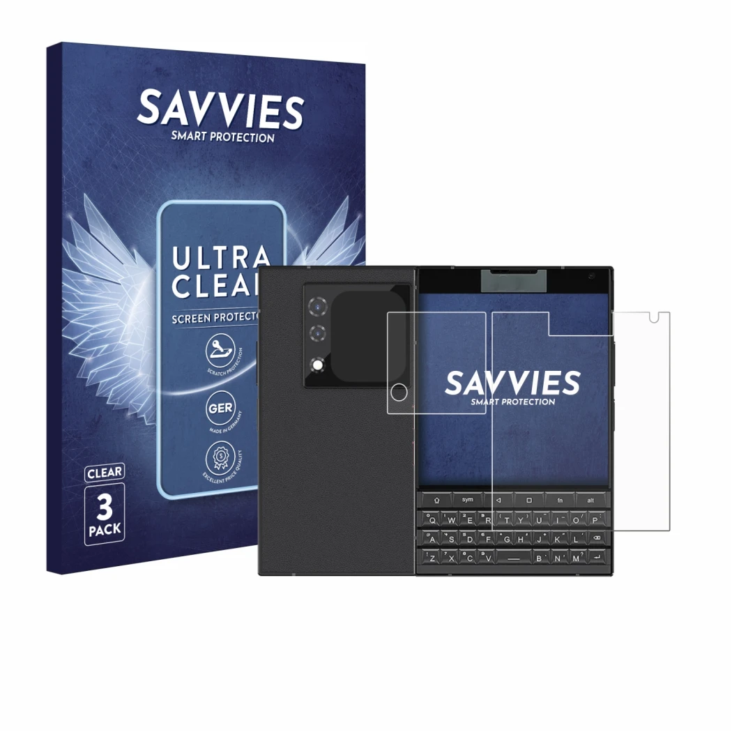 Front side of a product packaging with the brand logo Savvies. Next to it is the device Unihertz Titan 2 (Front+Camera) shown 