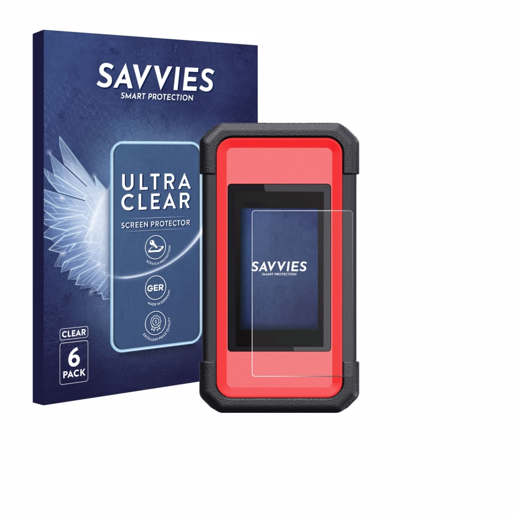 Front side of a product packaging with the brand logo Savvies. Next to it is the device Launch X431 SmartLink C V2.0 shown wit