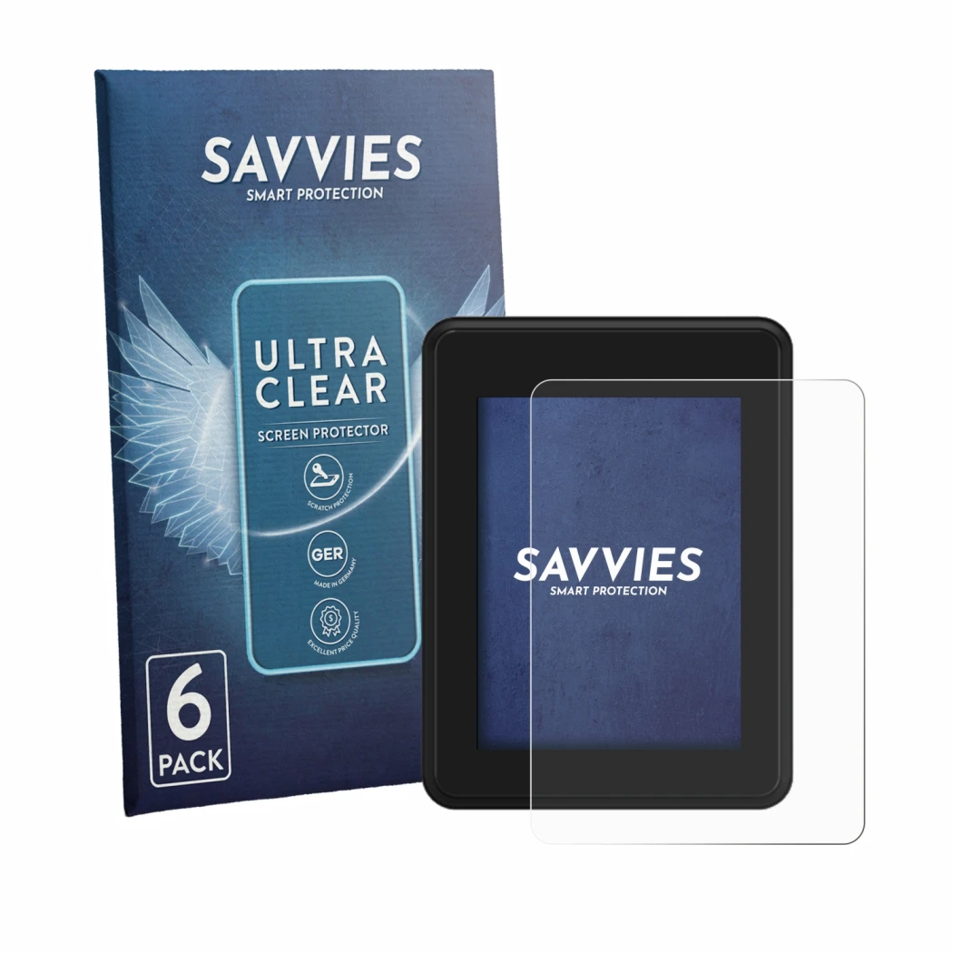 Front side of a product packaging with the brand logo Savvies. Next to it is the device Neodrives simplyDisplay shown with the