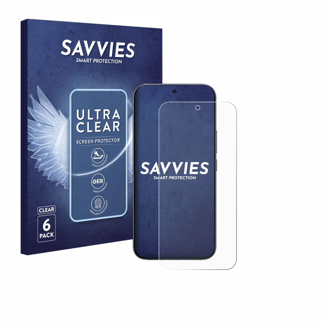 Front side of a product packaging with the brand logo Savvies. Next to it is the device Xiaomi Redmi K90 Pro Max shown with th