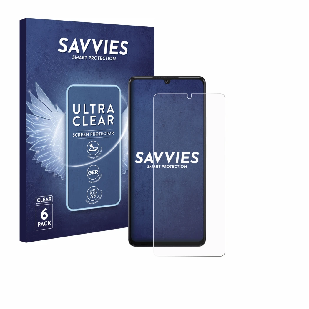 Front side of a product packaging with the brand logo Savvies. Next to it is the device Cubot X100 shown with the correspondin