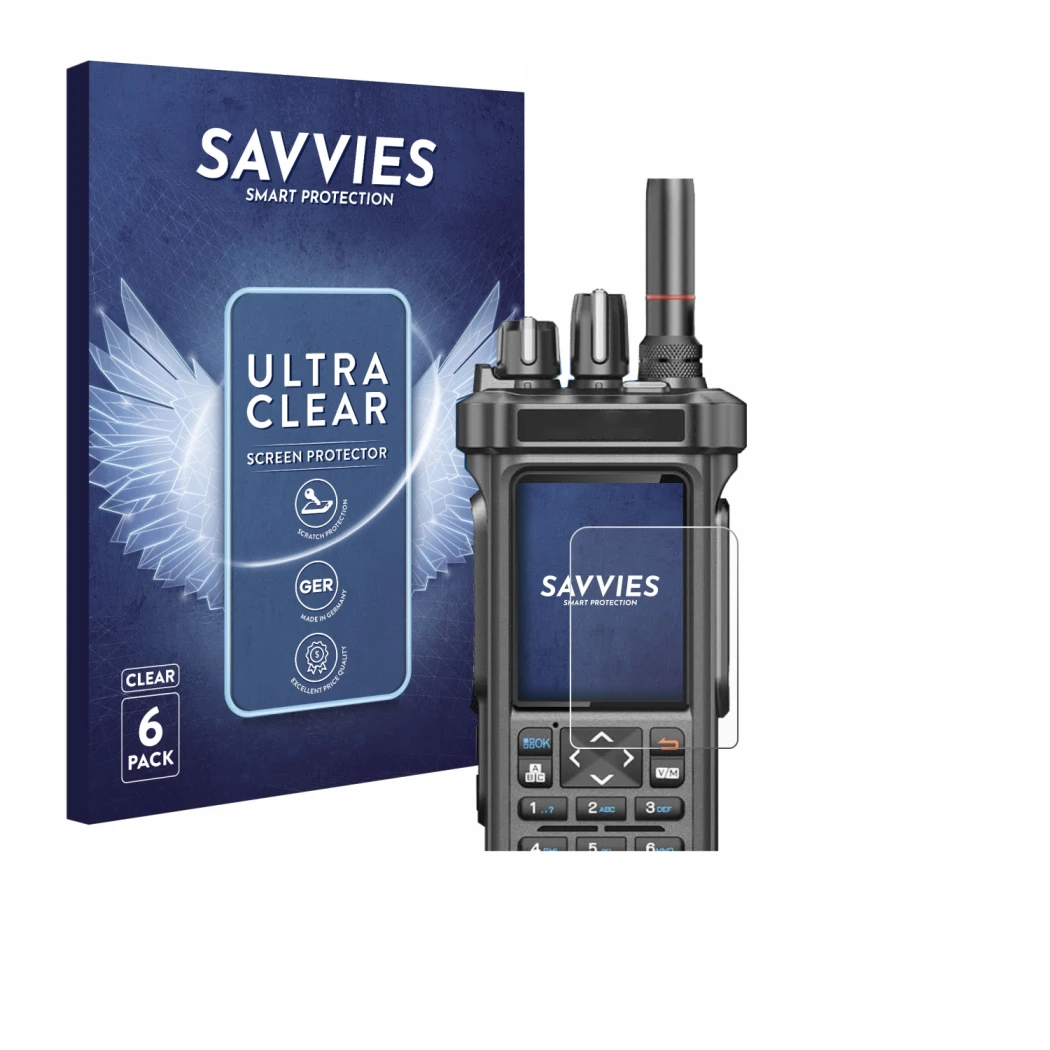 Front side of a product packaging with the brand logo Savvies. Next to it is the device Radtel RT-950 Pro shown with the corre