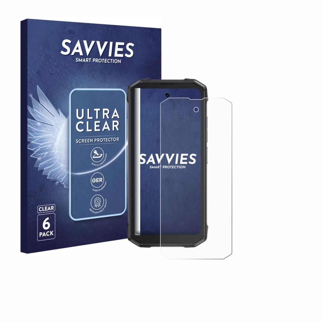 Front side of a product packaging with the brand logo Savvies. Next to it is the device Cubot King Kong Mini 4 shown with the 
