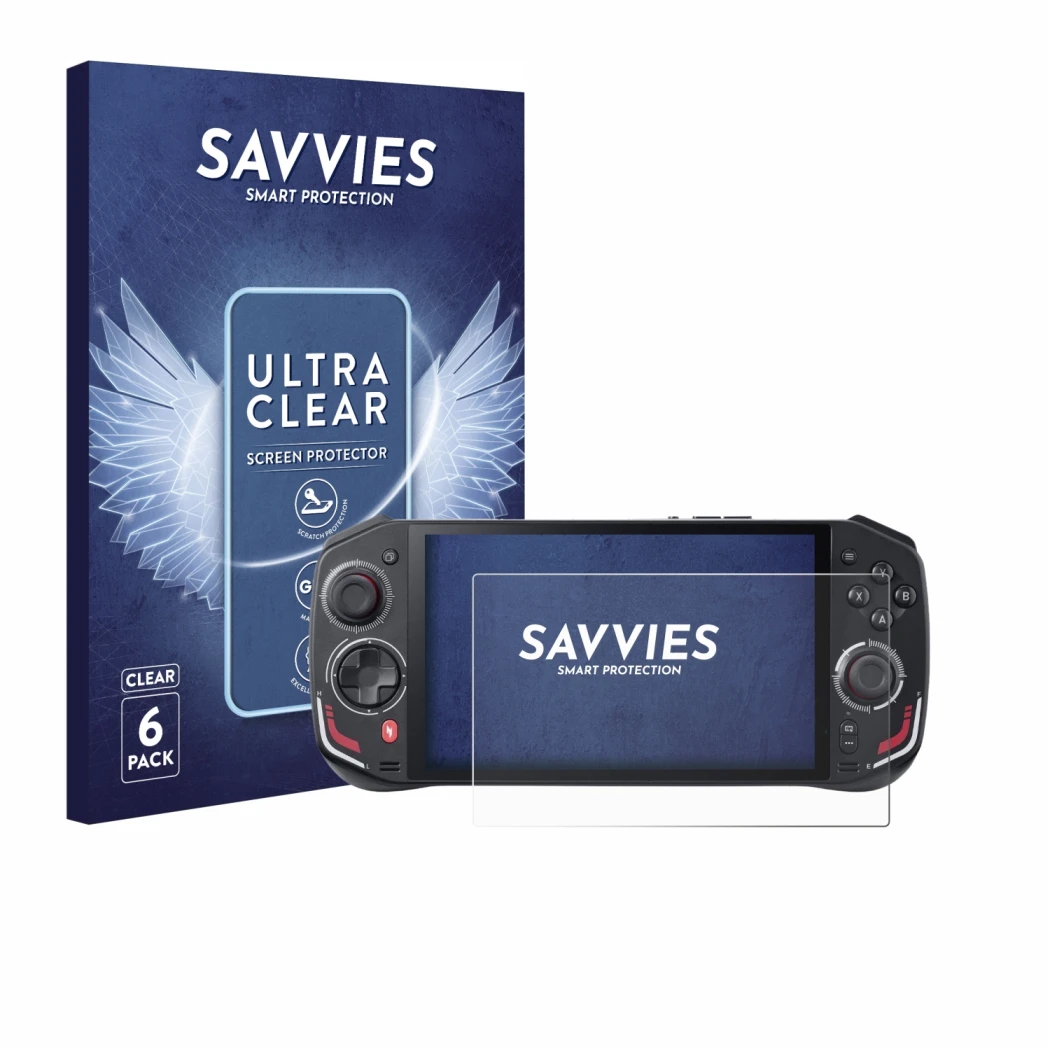 Front side of a product packaging with the brand logo Savvies. Next to it is the device Acer Nitro Blaze 7 shown with the corr
