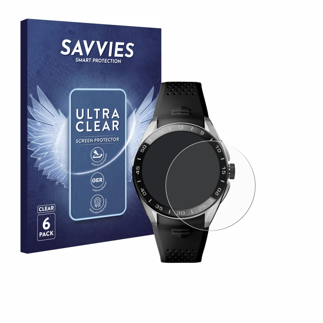 Front side of a product packaging with the brand logo Savvies. Next to it is the device TAG Heuer Connected Calibre E5 (45 mm)