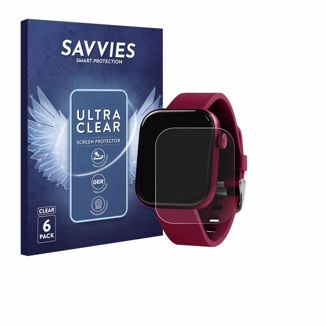 Front side of a product packaging with the brand logo Savvies. Next to it is the device Reflex Active Berry AMOLED 1.85