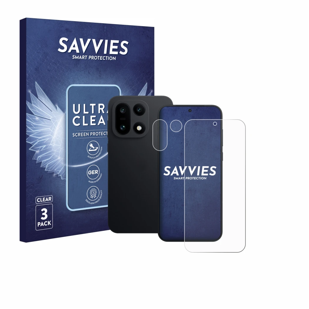 Front side of a product packaging with the brand logo Savvies. Next to it is the device OnePlus 15 (Front+Camera) shown with t