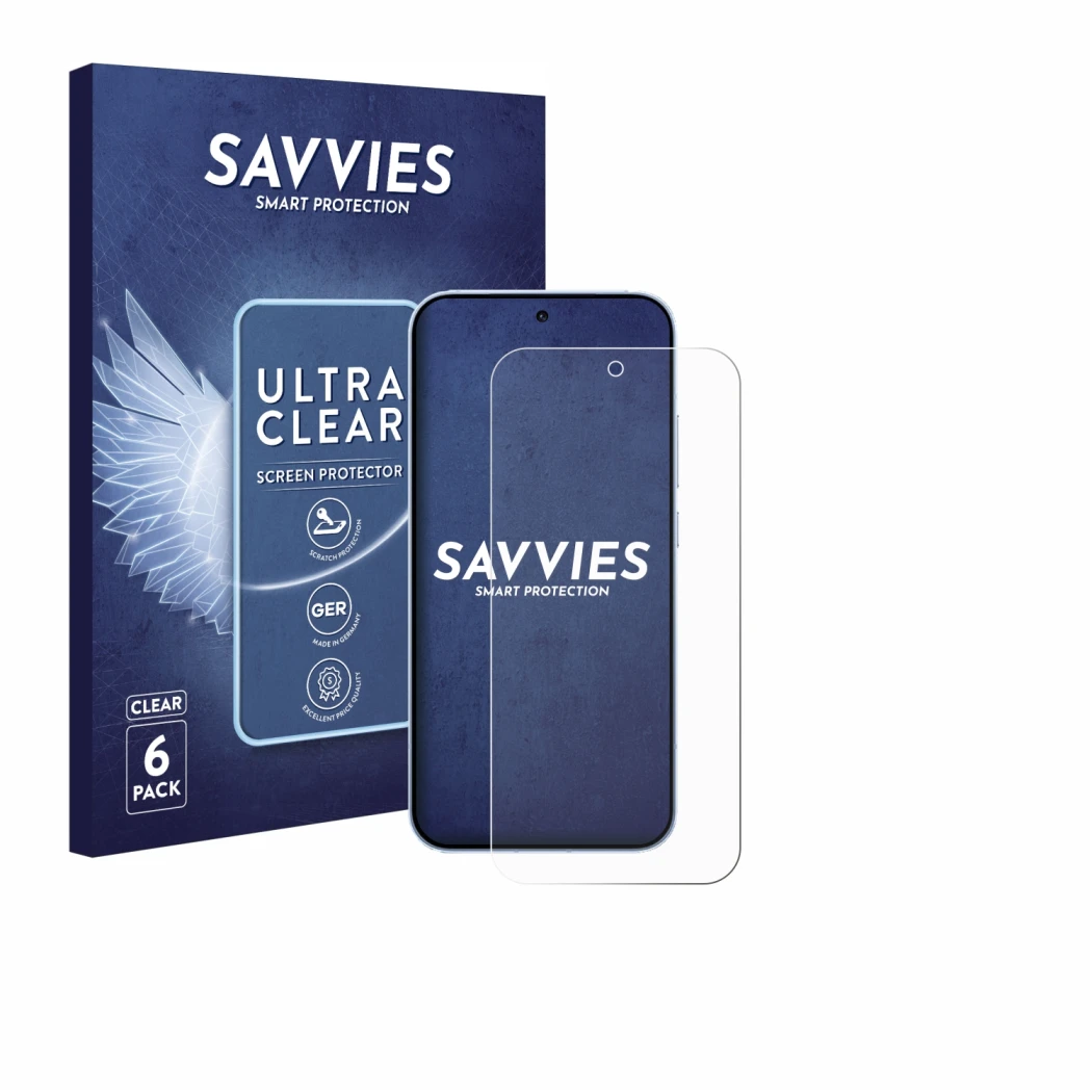 Front side of a product packaging with the brand logo Savvies. Next to it is the device Oppo Reno 15 shown with the correspond