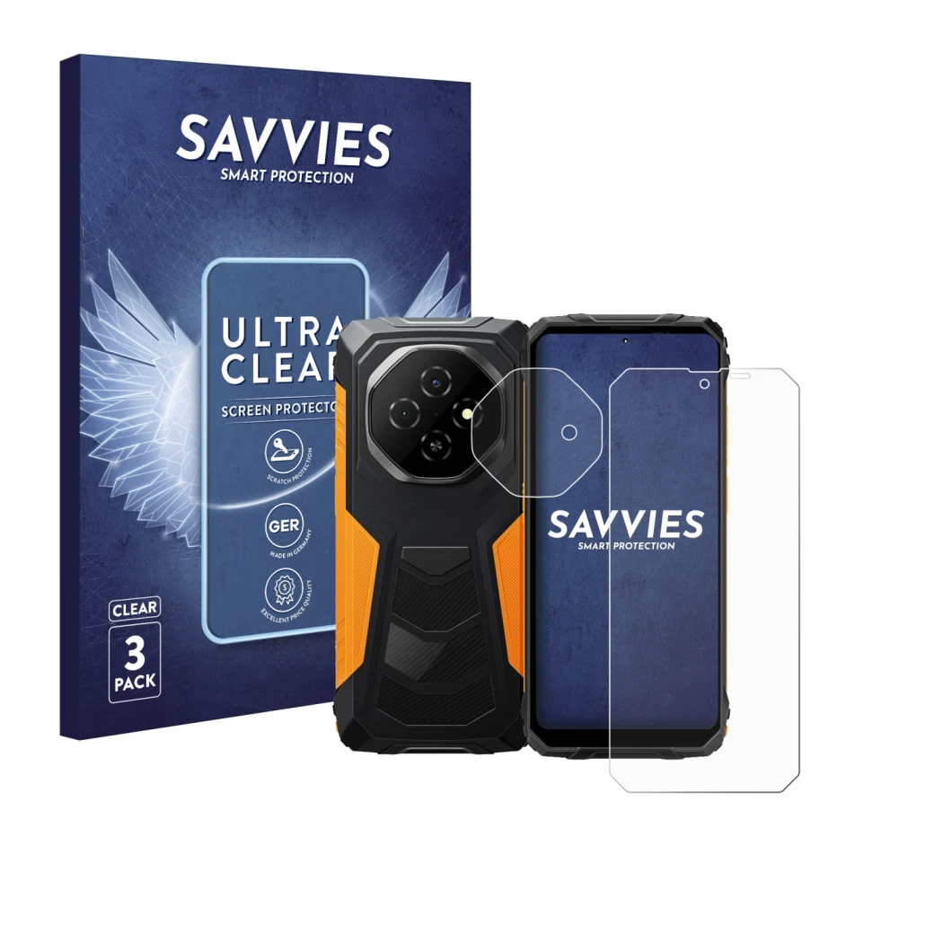 Front side of a product packaging with the brand logo Savvies. Next to it is the device Blackview Fort 1 (Front+Camera) shown 