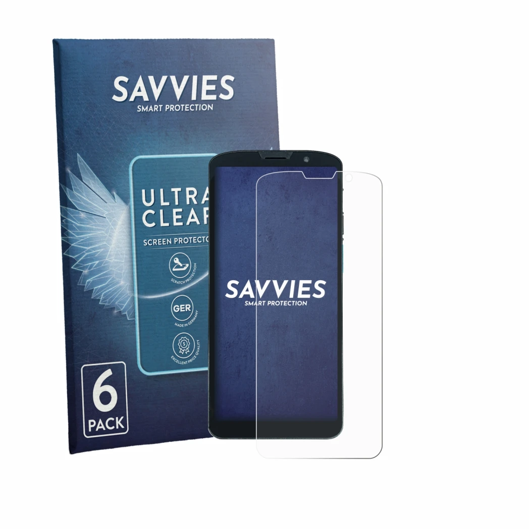 Front side of a product packaging with the brand logo Savvies. Next to it is the device Unitech EA630 shown with the correspon