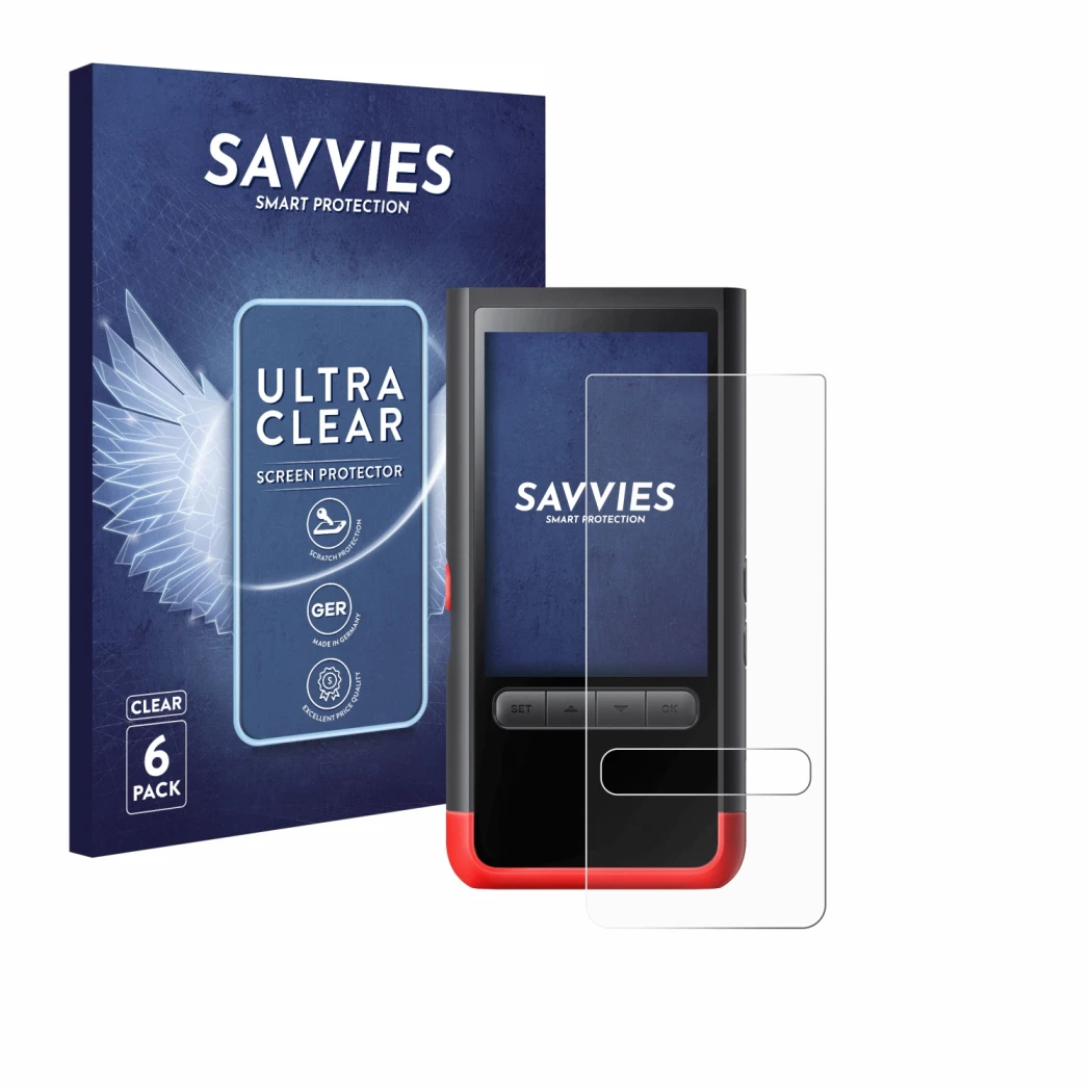 Front side of a product packaging with the brand logo Savvies. Next to it is the device ThermoMaven P2 shown with the correspo