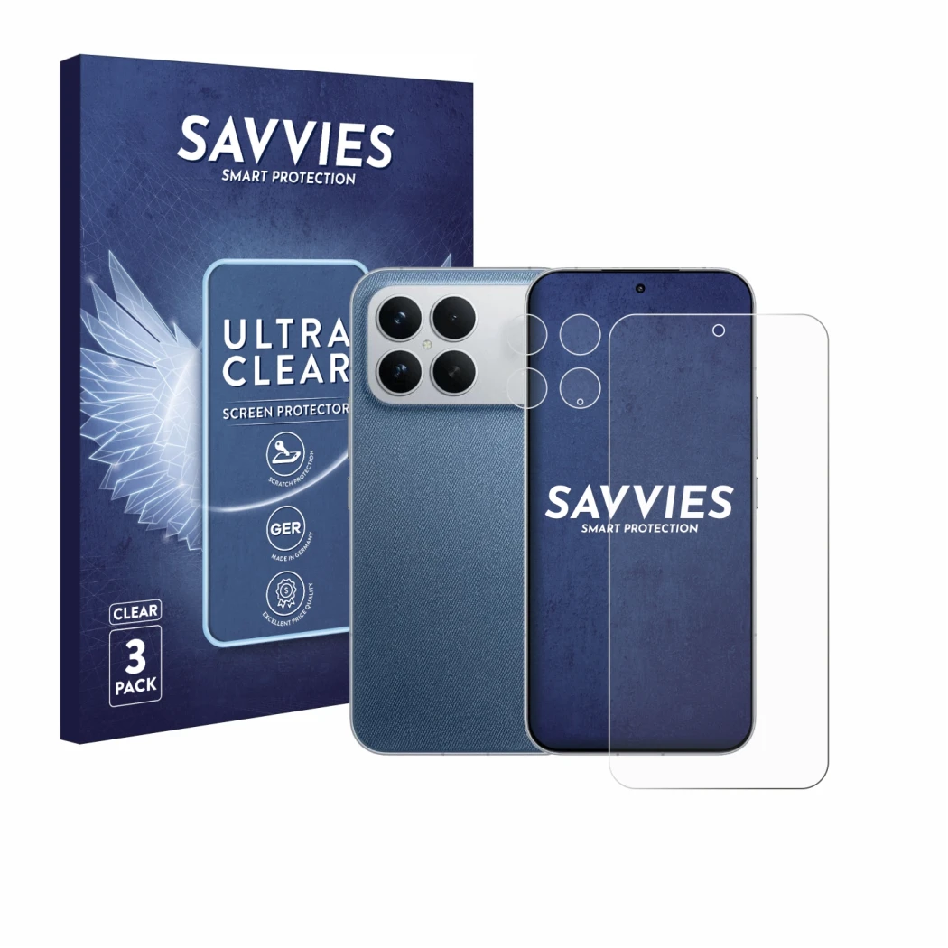 Front side of a product packaging with the brand logo Savvies. Next to it is the device Xiaomi Poco F8 Ultra (Front+Camera) sh