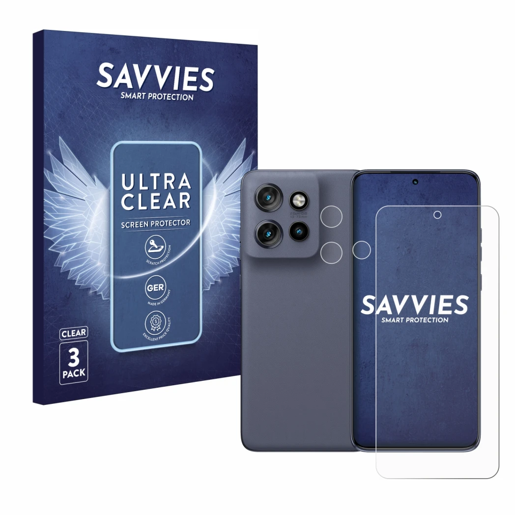 Front side of a product packaging with the brand logo Savvies. Next to it is the device Motorola Edge 60 Neo (Front+Camera) sh