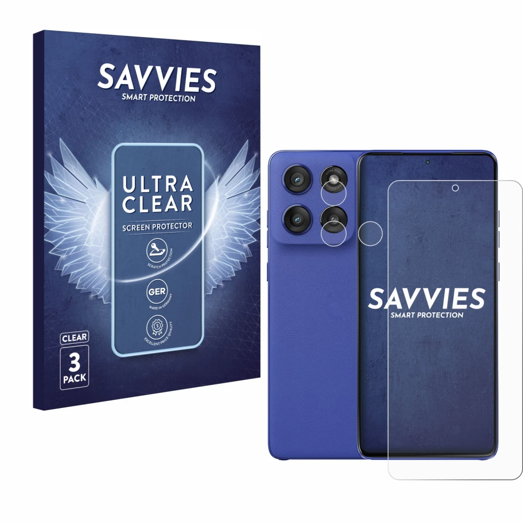 Front side of a product packaging with the brand logo Savvies. Next to it is the device Motorola Edge 60 Stylus (Front+Camera)