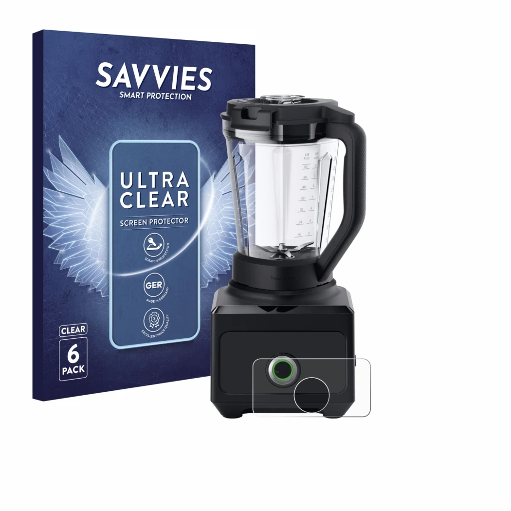 Front side of a product packaging with the brand logo Savvies. Next to it is the device Braun PowerBlend 9 shown with the corr