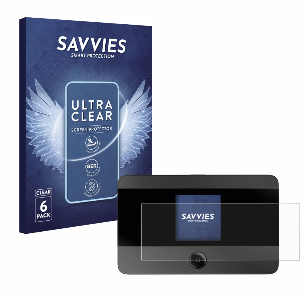 Front side of a product packaging with the brand logo Savvies. Next to it is the device TP-Link M7350 shown with the correspon