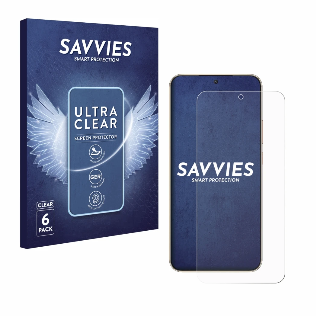 Front side of a product packaging with the brand logo Savvies. Next to it is the device Honor Magic 8 Lite shown with the corr