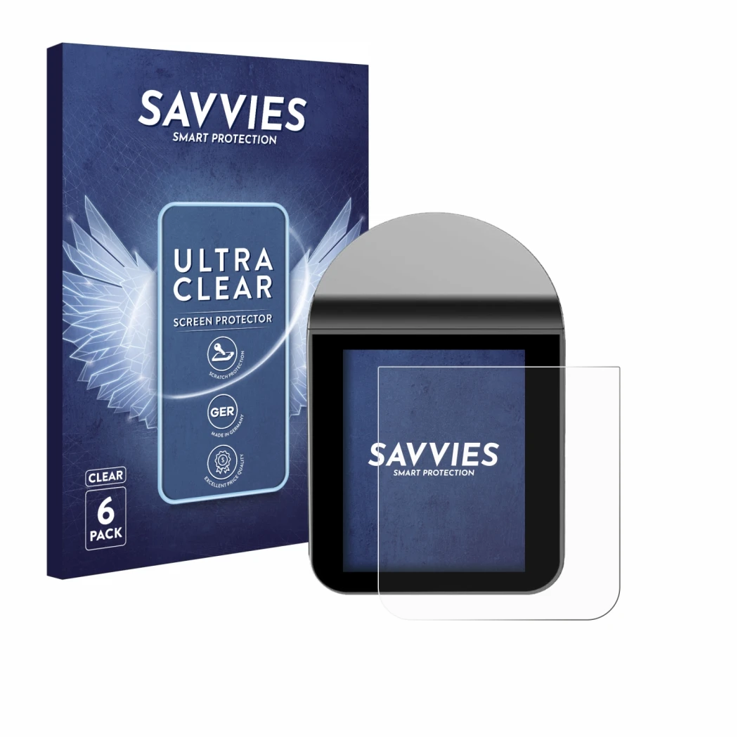 Front side of a product packaging with the brand logo Savvies. Next to it is the device KitchenBoss G330 shown with the corres