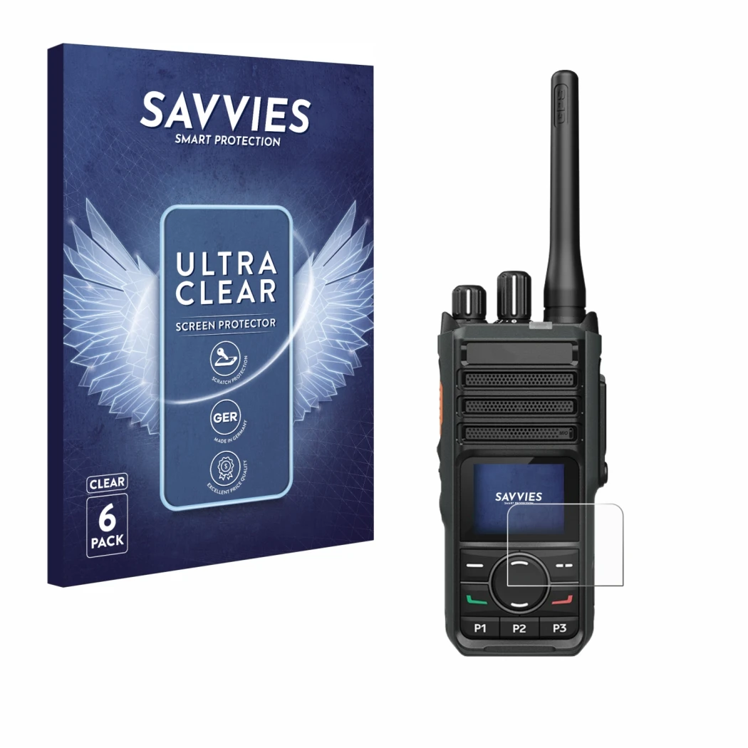 Front side of a product packaging with the brand logo Savvies. Next to it is the device Hytera HP565 shown with the correspond