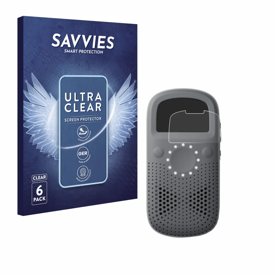 Front side of a product packaging with the brand logo Savvies. Next to it is the device Relay X shown with the corresponding s