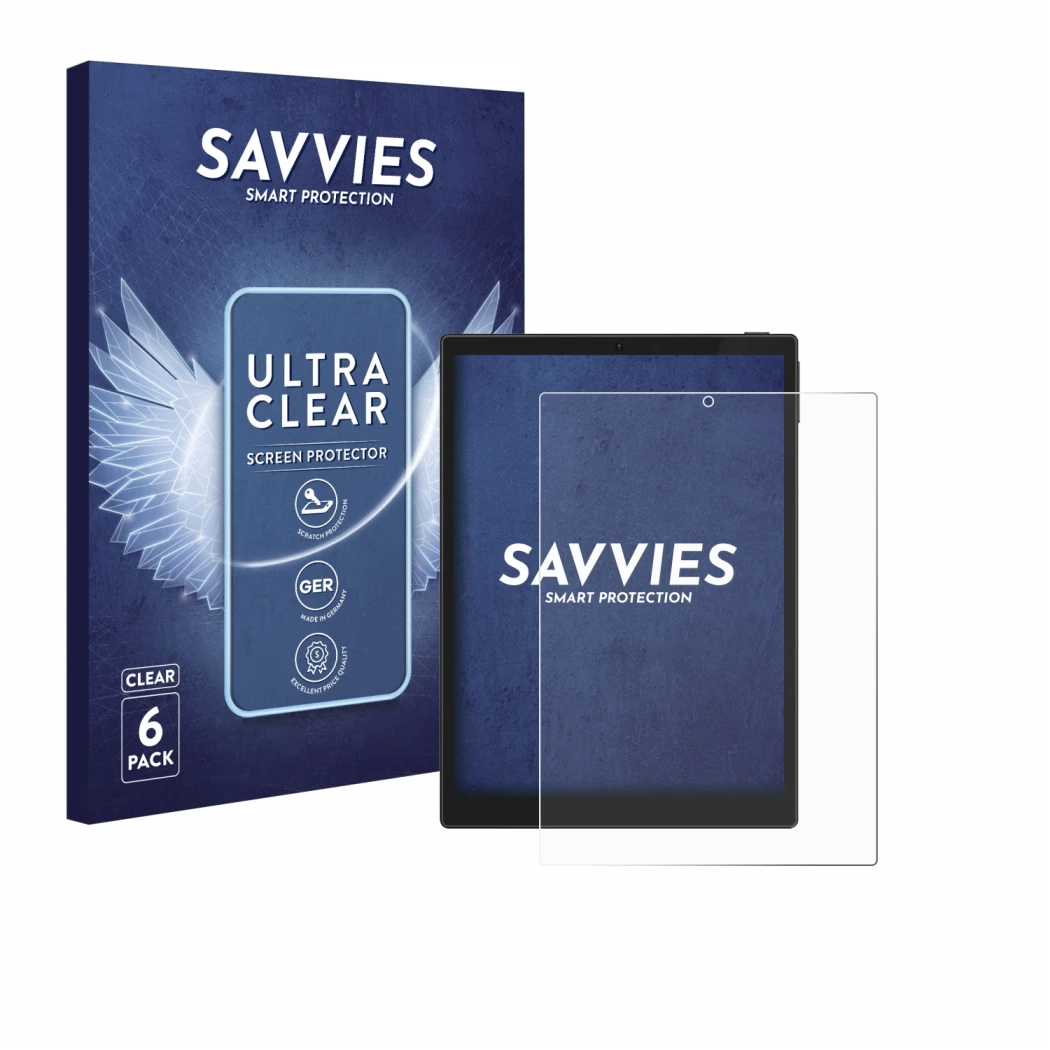 Front side of a product packaging with the brand logo Savvies. Next to it is the device Hannspree Lumo 7.8 shown with the corr