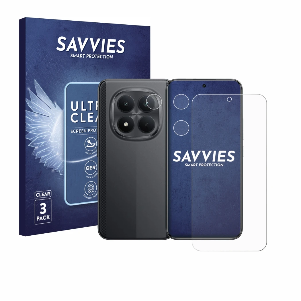 Front side of a product packaging with the brand logo Savvies. Next to it is the device Xiaomi Poco M8 Pro (Front+Camera) show