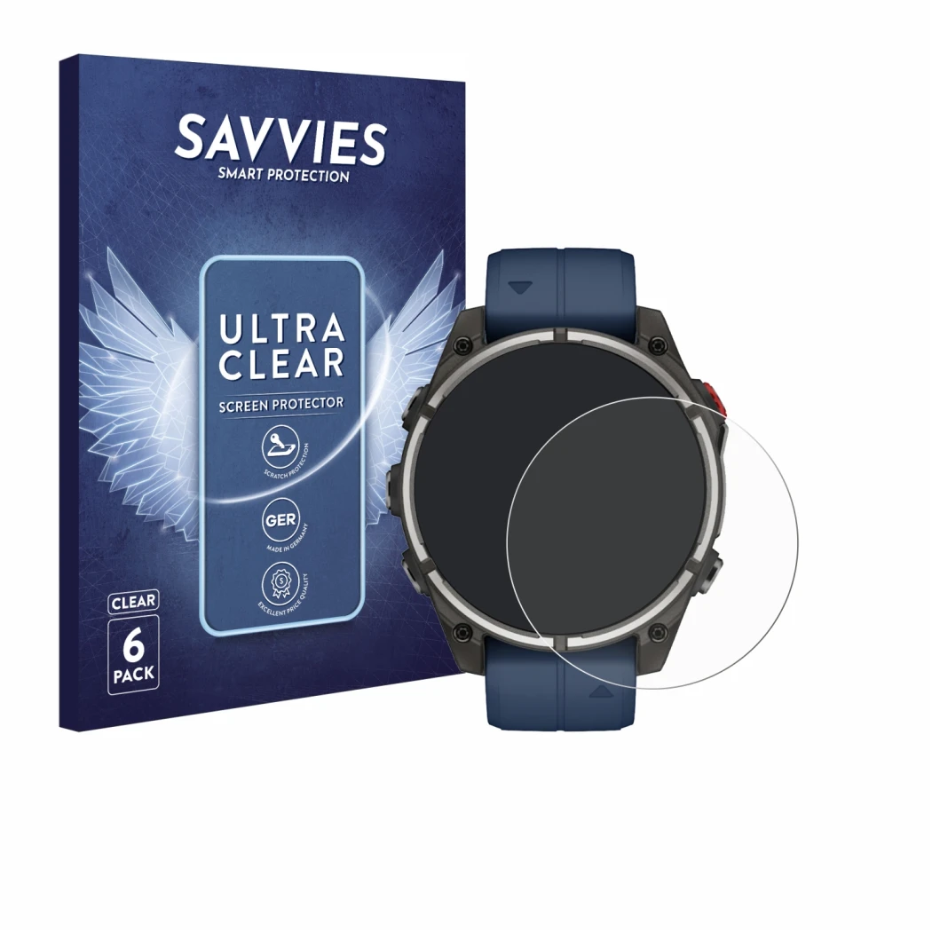 Front side of a product packaging with the brand logo Savvies. Next to it is the device Garmin quatix 8 Pro (47 mm) shown with