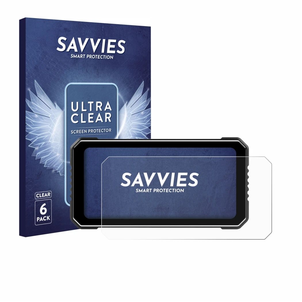 Front side of a product packaging with the brand logo Savvies. Next to it is the device Vtopek MT26 6.25