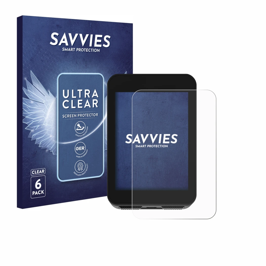 Front side of a product packaging with the brand logo Savvies. Next to it is the device Bikevee BKV310A 2.4
