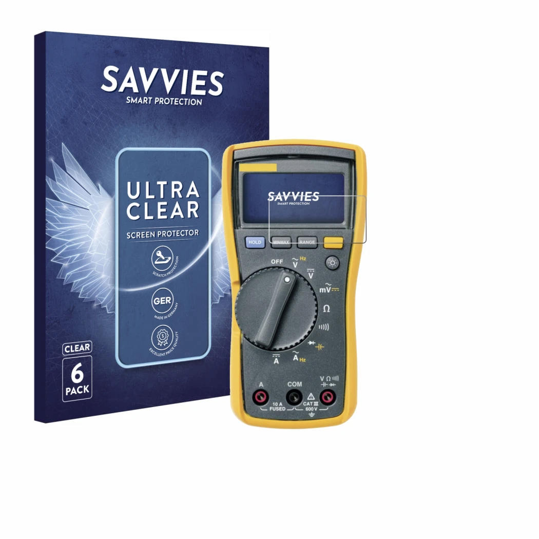 Front side of a product packaging with the brand logo Savvies. Next to it is the device Fluke 115 shown with the corresponding